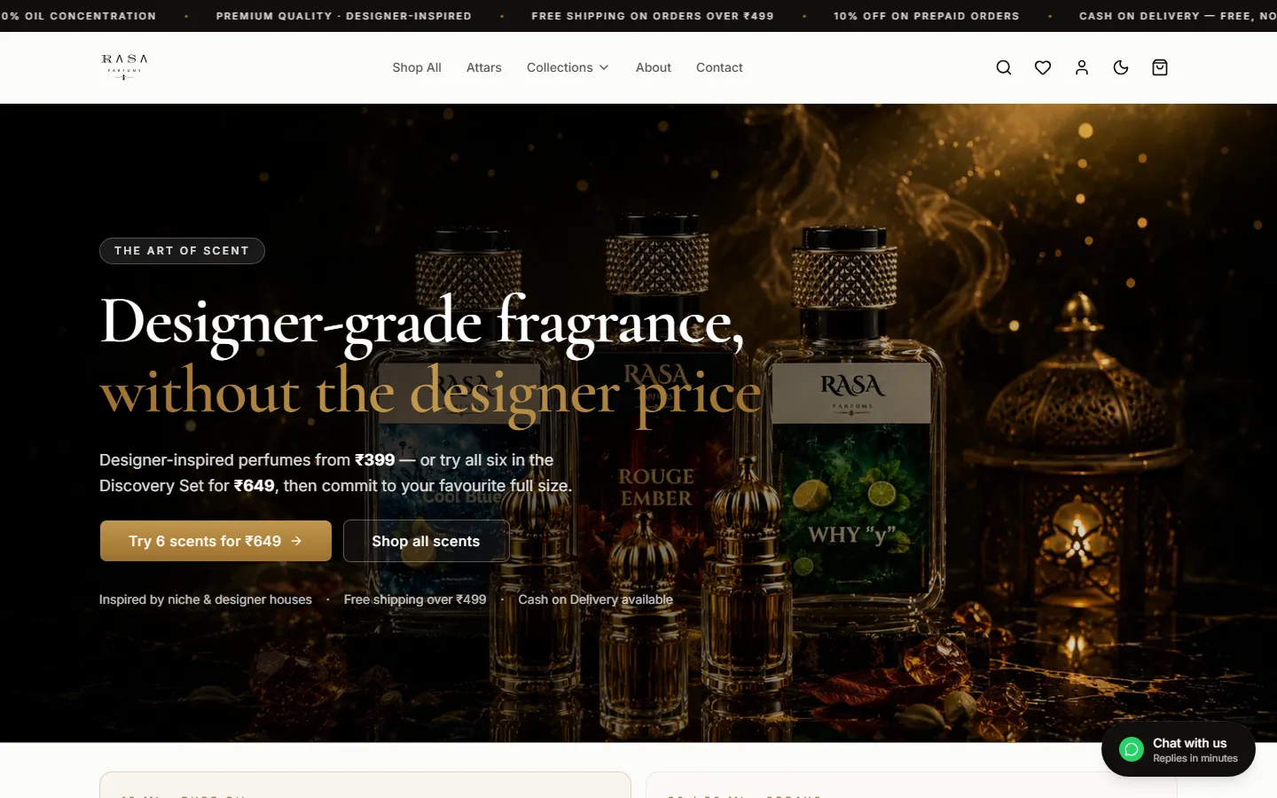 Rasa Parfums homepage — dark luxury fragrance storefront with designer-grade product photography